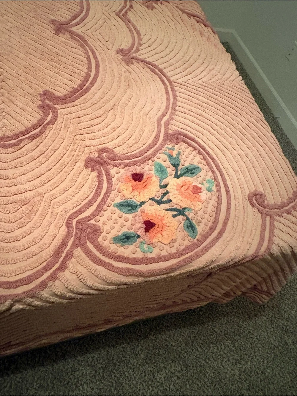 Rare Vintage Retrac Chenille Pair of Bedspreads Peach Floral Scrollwork